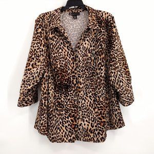 LANE BRYANT Women's Blouse Top 24 Leopard Print‎ V Neck Button Front 3/4 Sleeves